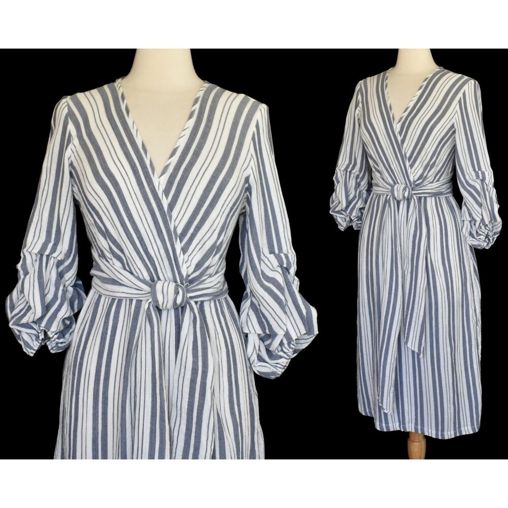 Vintage Y2K Max Studio Blue Stripe Day Dress, Faux Wrap Bodice, New with Tags S